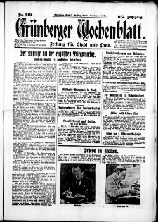 Gr&uuml;nberger Wochenblatt: Zeitung f&uuml;r Stadt und Land, No. 219. (18. September 1931)