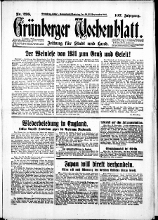 Gr&uuml;nberger Wochenblatt: Zeitung f&uuml;r Stadt und Land, No. 226. (26./27. September 1931)