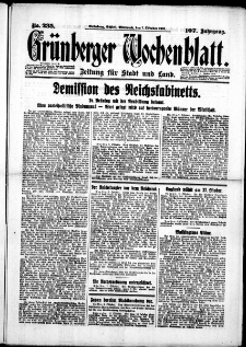 Gr&uuml;nberger Wochenblatt: Zeitung f&uuml;r Stadt und Land, No. 235. (7. Oktober 1931)