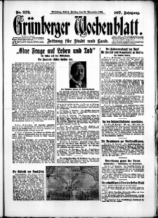Gr&uuml;nberger Wochenblatt: Zeitung f&uuml;r Stadt und Land, No. 272. (20. November 1931)