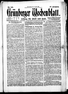 Gr&uuml;nberger Wochenblatt: Zeitung f&uuml;r Stadt und Land, No. 140. (18. Juni 1921)