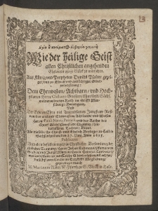 Wie der Heilige Geist allen christlichen angehenden Eheleuten pflege Glück zu wünschen ... und zu Ehren und andächtiger Glückwündschung, dem ... Hochgelarten Herrn, Chiliano Stiessern, Churfürstl. Sächs. wolverordneten Rath im Stifft Mersburg, Breutigam und der Erbarn ... Jungfrau Rosinen, des Weiland Ehrnvesten ... Herrn Pauli Naevii, Patricii, und des Raths der Churf Sächs- Churstadt Chemnitz, hinterlassener Tochter, Braut, als dieselbe ihr christ. und ehelich Beylager zu Hall in Sachsen hielten, den 27. Nov., Anno 1615. publiciret und eben desselben Tages ... geprediget durch ...