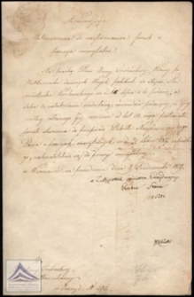 Pismo adresowane do Anny Trzcińskiej wdowy po pułkowniku odmawiające przyznania jej emerytury po mężu z podpisem Radcy Stanu Stanisława Staszica