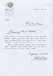 Pismo JM Rektora Uniwersytetu Zielonog&oacute;rskiego do JM Rektora Politechniki Śląskiej w Gliwicach w sprawie zaopiniowania przez Senat Politechniki Śląskiej wniosku o nadanie prof. Ryszardowi Tadeusiewiczowi tytułu doktora honoris causa