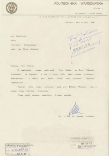 Pismo Rektora Politechniki Warszawskiej w sprawie zaopiniowania przez Senat Politechniki Warszawskiej kandydatury prof. Ryszarda Tadeusiewicza do tytułu doktora honoris causa Uniwersytetu Zielonogórskiego