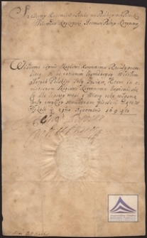 Pokwitowanie na trzy tysiące złotych dla skarbu koronnego, podpisane i opieczętowane przez Szczęsnego Kazimierza Potockiego