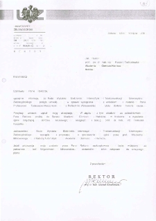 Pismo JM Rektora Uniwersytetu Zielonog&oacute;rskiego do JM Rektora Akademii G&oacute;rniczo-Hutniczej w Krakowie w sprawie zaopiniowania przez Senat Akademii G&oacute;rniczo-Hutniczej wniosku o nadanie prof. Tadeuszowi Kaczorkowi tytułu doktora honoris causa Uniwersytetu Zielonog&oacute;rskiego