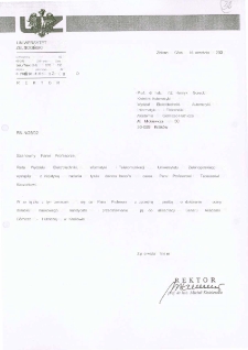 Pismo JM Rektora Uniwersytetu Zielonog&oacute;rskiego do prof. dr. hab. inż. Henryka G&oacute;reckiego z prośbą o dokonanie oceny dorobku naukowego prof. Tadeusza Kaczorka, kandydata do tytułu doktora honoris causa Uniwersytetu Zielonog&oacute;rskiego