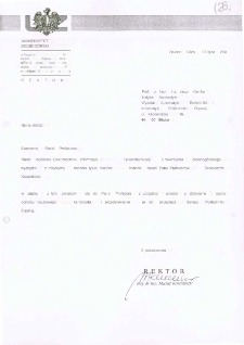 Pismo JM Rektora Uniwersytetu Zielonog&oacute;rskiego do prof. dr. hab. inż. Jerzego Klamki z prośbą o dokonanie oceny dorobku naukowego prof. Tadeusza Kaczorka, kandydata do tytułu doktora honoris causa Uniwersytetu Zielonog&oacute;rskiego