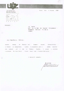 Pismo JM Rektora Uniwersytetu Zielonog&oacute;rskiego do Rektora Akademii G&oacute;rniczo-Hutniczej z podziękowaniami za zaangażowanie i pomoc w przygotowaniu opinii o dorobku naukowym oraz zasługach prof. dr. hab. inż. Tadeusza Kaczorka
