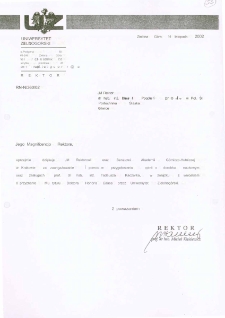 Pismo JM Rektora Uniwersytetu Zielonogórskiego do Rektora Politechniki Śląskiej z podziękowaniami za zaangażowanie i pomoc w przygotowaniu opinii o dorobku naukowym oraz zasługach prof. dr. hab. inż. Tadeusza Kaczorka