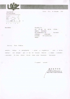 Pismo JM Rektora Uniwersytetu Zielonog&oacute;rskiego do prof. dr. hab. inż. Henryka G&oacute;reckiego z podziękowaniami za zaangażowanie i pomoc w przygotowaniu opinii o dorobku naukowym oraz zasługach prof. dr. hab. inż. Tadeusza Kaczorka
