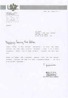 Pismo JM Rektora Uniwersytetu Zielonog&oacute;rskiego do JM Rektora Katolickiego Uniwersytetu Lubelskiego w sprawie zaopiniowania przez Senat Katolickiego Uniwersytetu Lubelskiego wniosku o nadanie ks. bp. dr. Adamowi Dyczkowskiemu tytułu doktora honoris causa Uniwersytetu Zielonog&oacute;rskiego