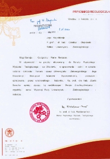 Pismo Rektora Papieskiego Wydziału Teologicznego we Wrocławiu w sprawie zaopiniowania przez Senat Papieskiego Wydziału Teologicznego recenzji kandydatury bp. dr. Adama Dyczkowskiego do tytułu doktora honoris causa Uniwersytetu Zielonog&oacute;rskiego
