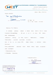 Pismo Dziekana Wydziału Elektrotechniki, Informatyki i Telekomunikacji o wystosowaniu wniosku o wszczęcie postępowania o nadanie tytułu doktora "honoris causa" Uniwersytetu Zielonog&oacute;rskiego dla prof. dr. hab. inż. czł. koresp. PAN Mariana Piotra Kaźmierkowskiego