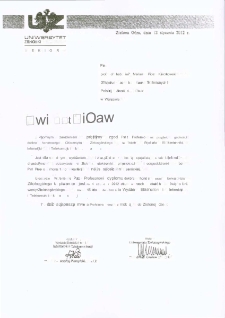 List Rektora Uniwersytetu Zielonog&oacute;rskiego do prof. Mariana Piotra Kaźmierkowskiego zawiadamiający o nadaniu Mu przez Senat Uniwersytetu Zielonog&oacute;rskiego tytułu doktora honoris causa
