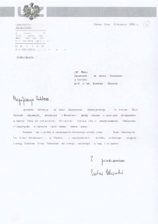 Pismo JM Rektora Uniwersytetu Zielonogórskiego do JM Rektora Uniwersytetu im. Adama Mickiewicza w Poznaniu w sprawie zaopiniowania przez Senat Uniwersytetu im. Adama Mickiewicza wniosku o nadanie prof. Diethardowi Ernstowi Pallaschke tytułu doktora honoris causa