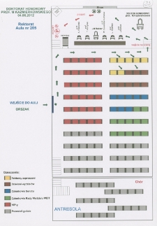 Schemat usytuowania w auli uczestnik&oacute;w uroczystości nadania tytułu doktora honoris causa prof. Marianowi Piotrowi Kaźmierkowskiemu