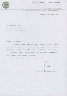 Pismo Rektora Politechniki Warszawskiej w sprawie zaopiniowania przez Senat Politechniki Warszawskiej kandydatury prof. Henryka Tuni do tytułu doktora honoris causa Uniwersytetu Zielonog&oacute;rskiego