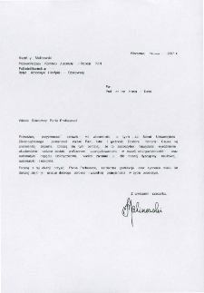 List gratulacyjny prof. Krzysztofa Malinowskiego do profesora Henryka Tuni