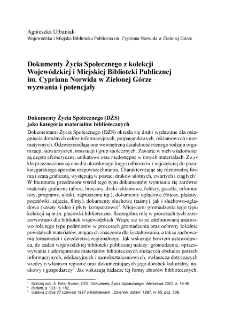 Dokumenty Życia Społecznego z kolekcji Wojew&oacute;dzkiej i Miejskiej Biblioteki Publicznej im. Cypriana Norwida w Zielonej G&oacute;rze - wyzwania i potencjały = Documents of Social Life from the Collectionof the Cyprian Norwid Regional and City Public Library in Zielona G&oacute;ra - Challenges and Potentials
