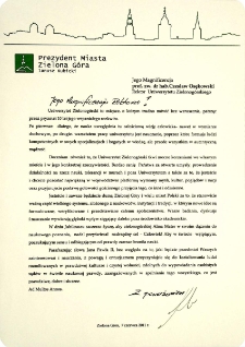 [List gratulacyjny Prezydenta Miasta Zielona G&oacute;ra z okazji 10. rocznicy powołania Uniwersytetu Zielonog&oacute;rskiego]