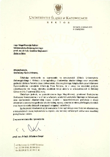 [List gratulacyjny Rektora Uniwersytetu Śląskiego z okazji 10. rocznicy powołania Uniwersytetu Zielonog&oacute;rskiego]