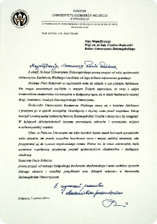 [List gratulacyjny Rektora Uniwersytetu Kazimierza Wielkiego w Bydgoszczy z okazji 10. rocznicy powołania Uniwersytetu Zielonog&oacute;rskiego]