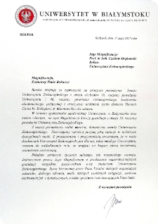 [List gratulacyjny Rektora Uniwersytetu w Białymstoku z okazji 10. rocznicy powołania Uniwersytetu Zielonog&oacute;rskiego]