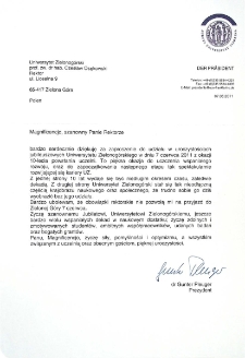 [List gratulacyjny Rektora Europa Universit&auml;t Viadrina z okazji 10. rocznicy powołania Uniwersytetu Zielonog&oacute;rskiego]