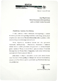 [List gratulacyjny Rektora Politechniki Białostockiej z okazji 10. rocznicy powołania Uniwersytetu Zielonog&oacute;rskiego]