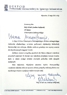 [List gratulacyjny Rektora Politechniki Rzeszowskiej z okazji 10. rocznicy powołania Uniwersytetu Zielonog&oacute;rskiego]