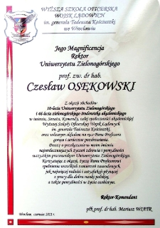 [List gratulacyjny Rektora-Komendanta Wyższej Szkoły Wojsk Lądowych we Wrocławiu z okazji 10. rocznicy powołania Uniwersytetu Zielonog&oacute;rskiego]