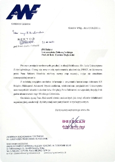 [List gratulacyjny Dziekana Zamiejscowego Wydziału Kultury Fizycznej w Gorzowie Wlkp. Akademii Wychowania Fizycznego w Poznaniu z okazji 10. rocznicy powołania Uniwersytetu Zielonog&oacute;rskiego]