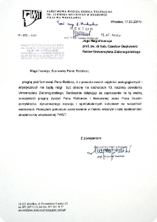 [List gratulacyjny Prorektora Państwowej Wyższej Szkoły Teatralnej w Krakowie, Filia we Wrocławiu z okazji 10. rocznicy powołania Uniwersytetu Zielonog&oacute;rskiego]
