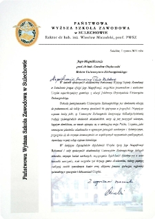 [List gratulacyjny Rektora Państwowej Wyższej Szkoły Zawodowej w Sulechowie z okazji 10. rocznicy powołania Uniwersytetu Zielonog&oacute;rskiego]
