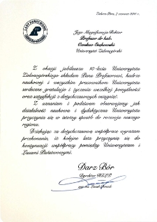 [List gratulacyjny Dyrektora Regionalnej Dyrekcji Las&oacute;w Państwowych w Zielonej G&oacute;rze z okazji 10. rocznicy powołania Uniwersytetu Zielonog&oacute;rskiego]