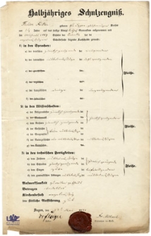 Halbjähriges Schulzeugnis: Heinrich Stolpe (1844)