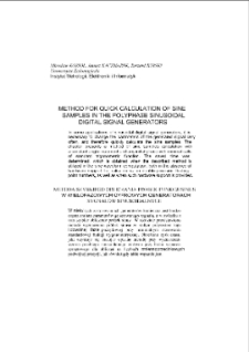 Method for quick calculation of sine samples in the polyphase sinusoidal digital signal generators = Metoda szybkiego obliczania pr&oacute;bek funkcji sinus w wielofazowych cyfrowych generatorach sygnał&oacute;w sinusoidalnych