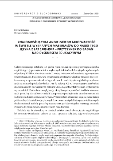Znajomość języka angielskiego jako wartość w świetle wybranych materiał&oacute;w do nauki tego języka z lat 1788-1947 - przyczynek do badań nad dyskursem edukacyjnym = Knowledge of English as a value in the light of selected materials for learning this language from 1788-1947 - a contribution to research on educational discourse