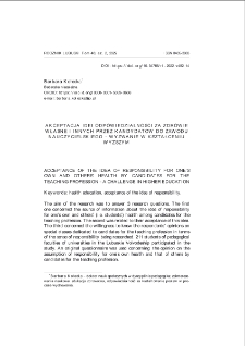 Akceptacja idei odpowiedzialności za zdrowie własne i innych przez kandydat&oacute;w do zawodu nauczycielskiego - wyzwanie w kształceniu wyższym = Acceptance of the idea of responsibility for one`s own and others` health by candidates for the teaching profession - a challenge in higher education