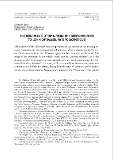 The Brahmans` utopia from the Greek sources to John of Salisbury`s "Policraticus" = Utopia bramin&oacute;w - od źr&oacute;deł greckich po "Policraticus" Jana z Salisbury
